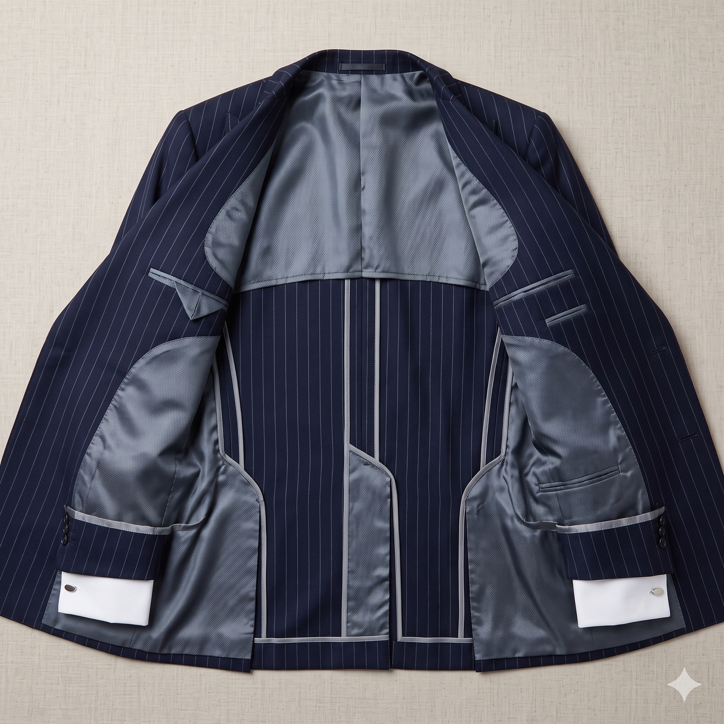 Navy pinstripe suit jacket on a beige background