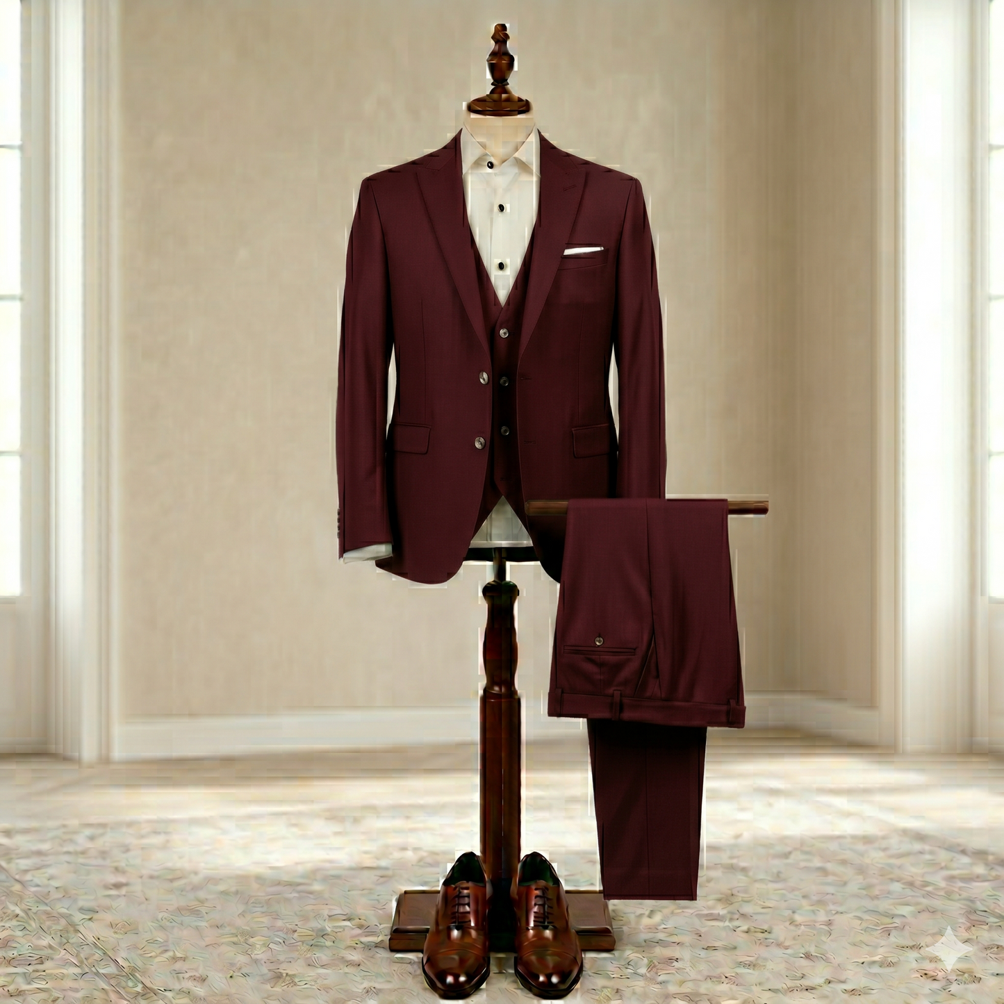 Burgundy suit on a mannequin with a neutral background
