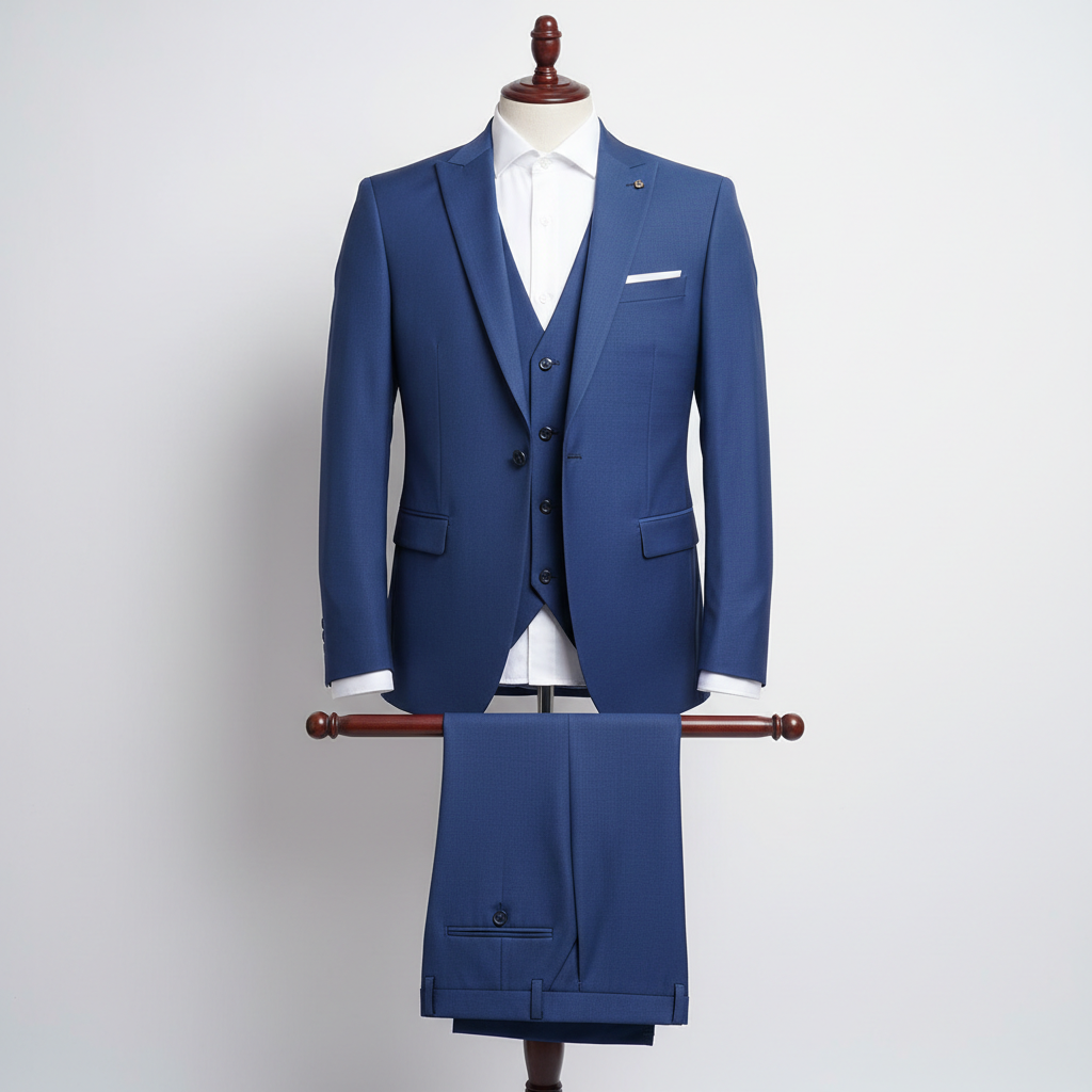 Three piece royal blue men’s suit displayed upright on a wooden stand. Slim-fit jacket and matching waistcoat with clean tailoring, paired with coordinated trousers folded neatly over the display bar. Styled with a white dress shirt. Clean studio background with soft, even lighting. 250:250