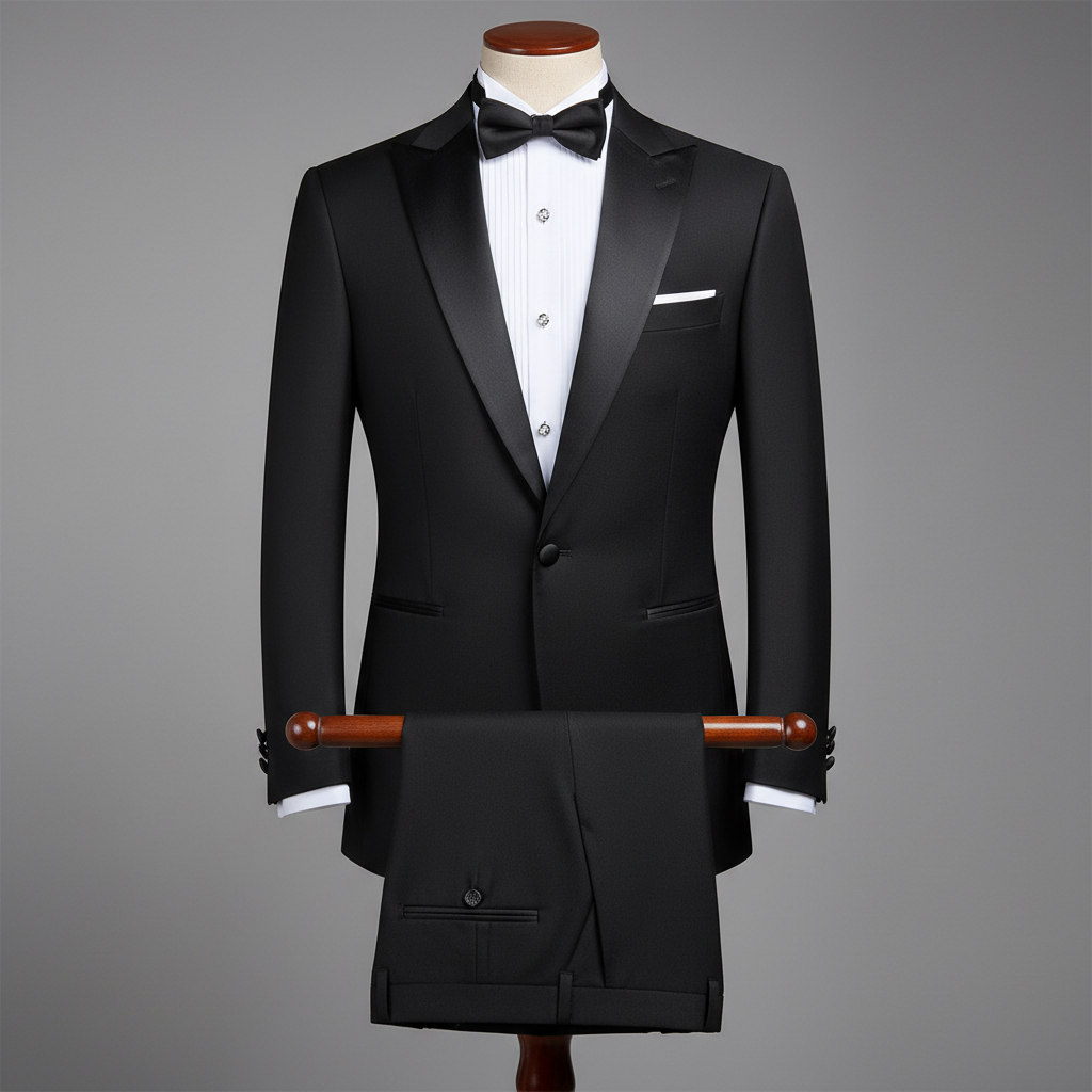 Two-piece black men’s tuxedo displayed upright on a wooden stand. Slim-fit jacket with smooth black satin shawl lapels, clean single-breasted cut, and a satin-trimmed chest pocket. Paired with matching tailored trousers folded neatly over the display bar. Styled with a white pleated tuxedo shirt featuring crystal-style decorative buttons and a black satin bow tie. Clean studio background with soft, even lighting highlighting the satin contrast and formal detailing. 250:250