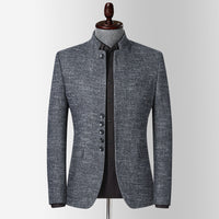 Textured Mandarin-Collar Suit Jacket — For Refined Heritage Style