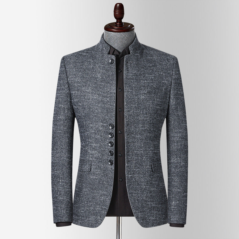 Textured Mandarin-Collar Suit Jacket — For Refined Heritage Style