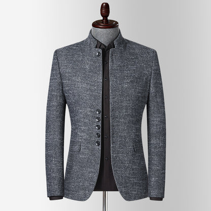 Textured Mandarin-Collar Suit Jacket — For Refined Heritage Style