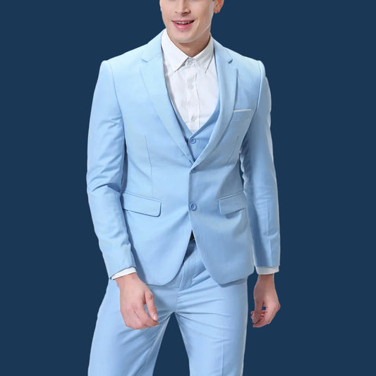 Light blue suit worn by a person on a white background