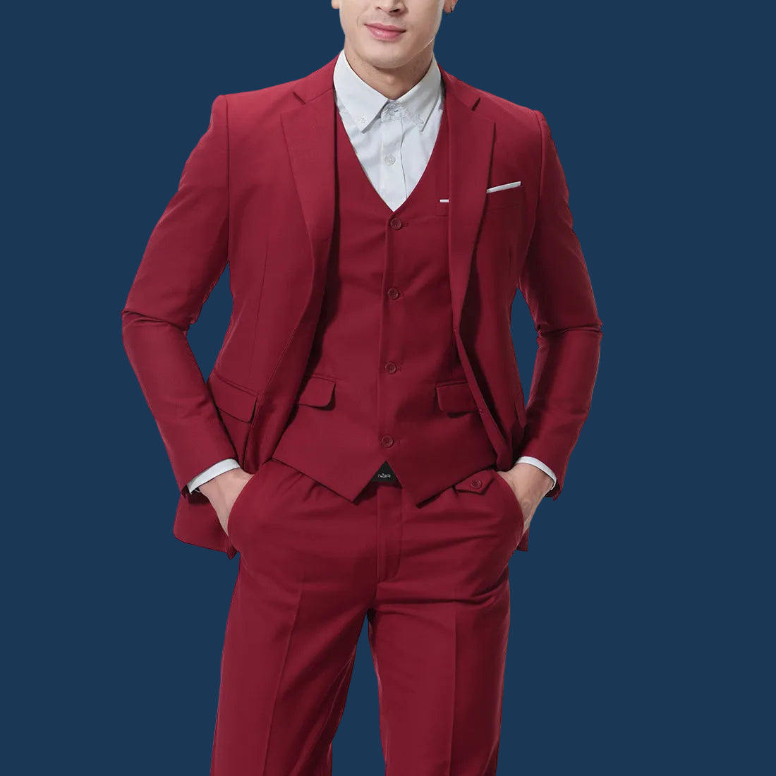 Red suit with a white shirt on a white background