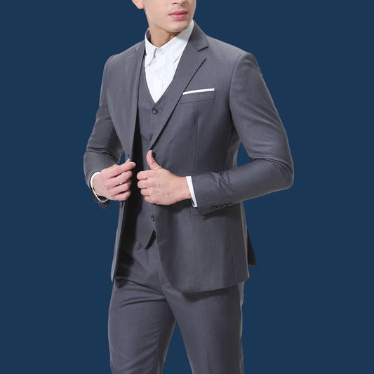 Gray suit with vest and white shirt on a white background