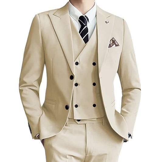 Beige suit with a tie and pocket square on a white background