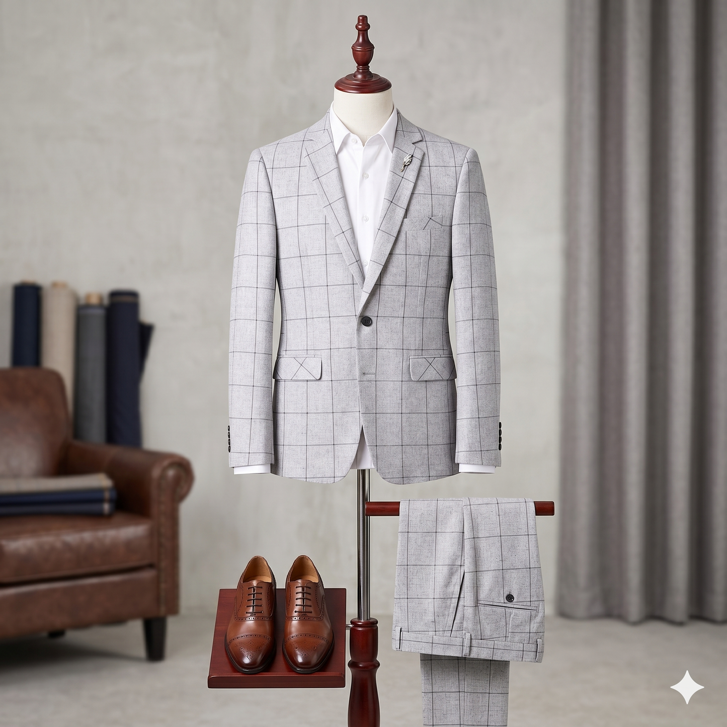 Gray checkered suit on a mannequin with brown shoes and fabric rolls in the background