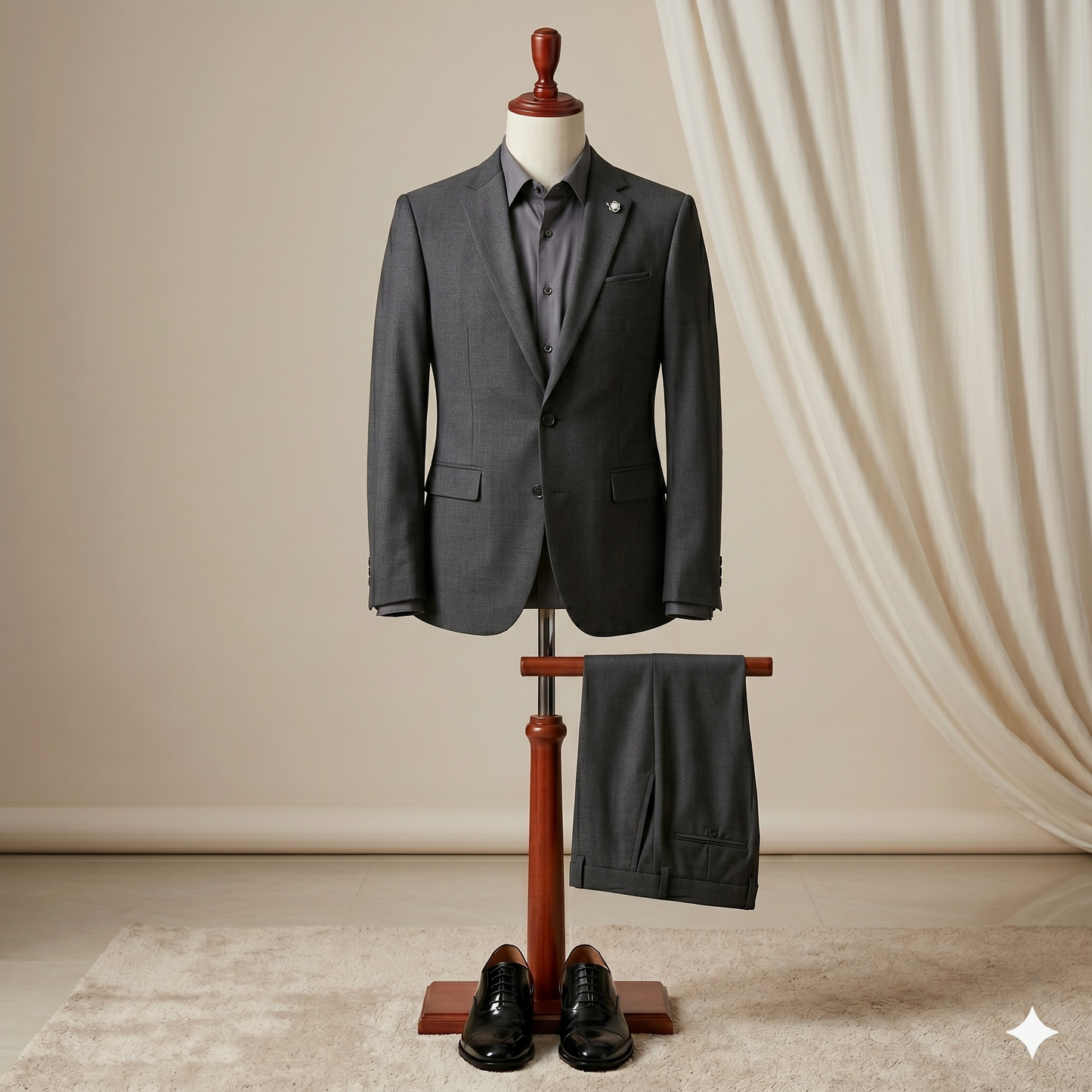 Gray suit on a wooden stand with a neutral background