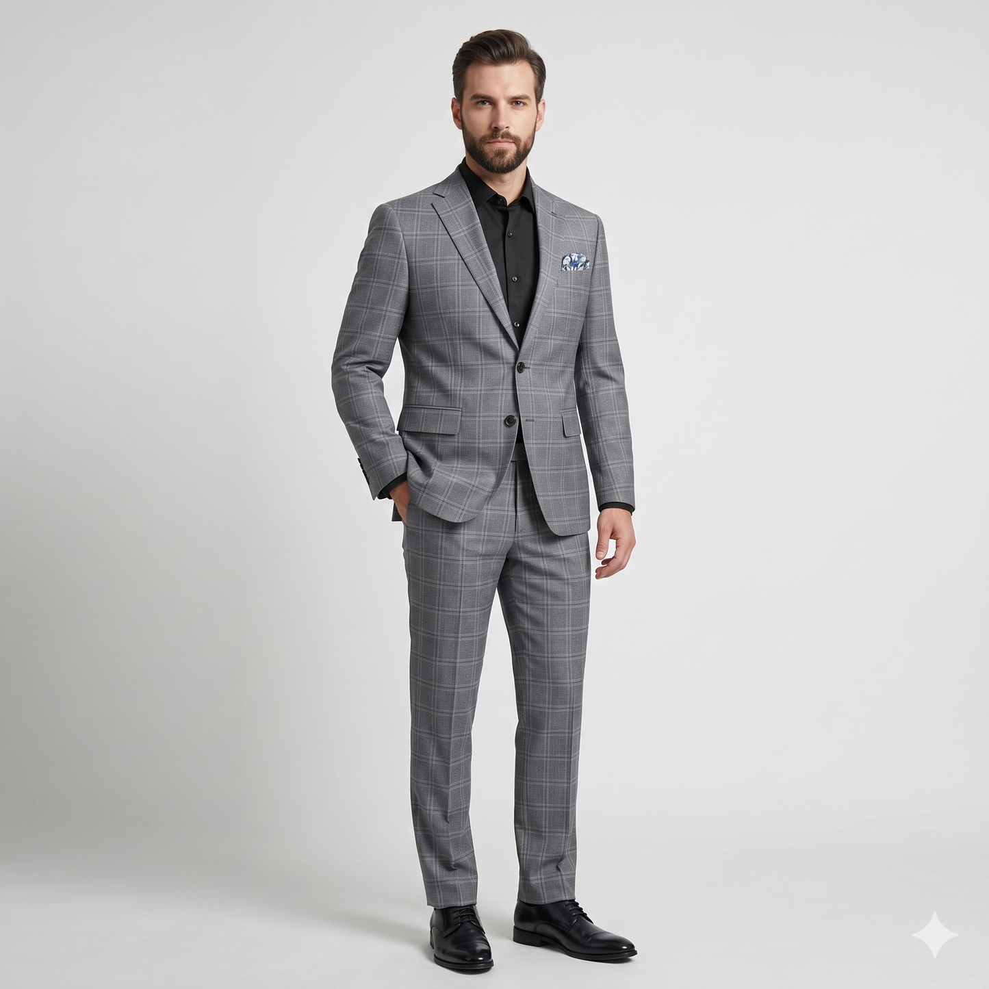 Man wearing a gray checkered suit with a black shirt and shoes on a light gray background