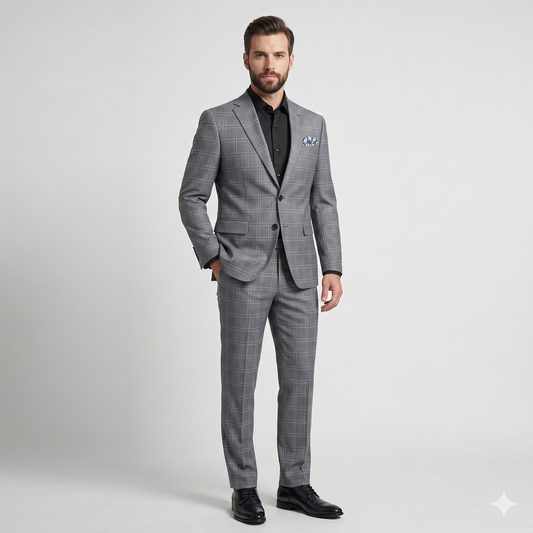 Man wearing a gray checkered suit with a black shirt and shoes on a light gray background