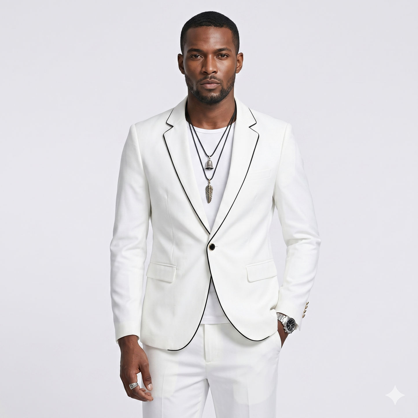 Man wearing a white suit with black trim on a light gray background