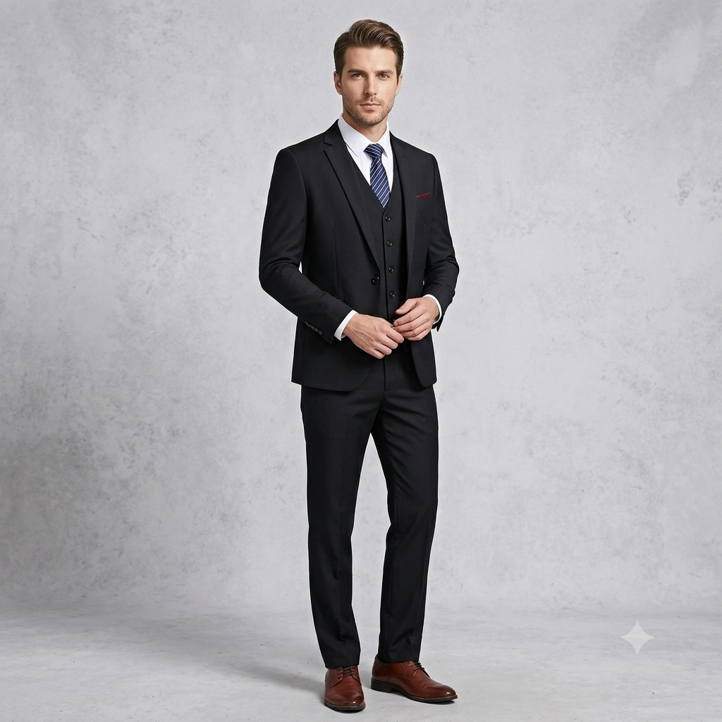 Man wearing a black suit with a white shirt and brown shoes on a gray background