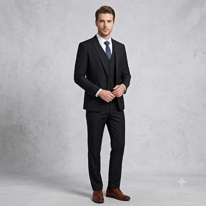 Man wearing a black suit with a white shirt and brown shoes on a gray background