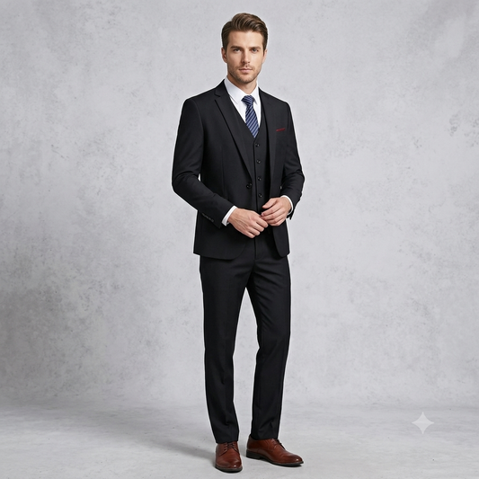 Man wearing a black suit with a white shirt and brown shoes on a gray background