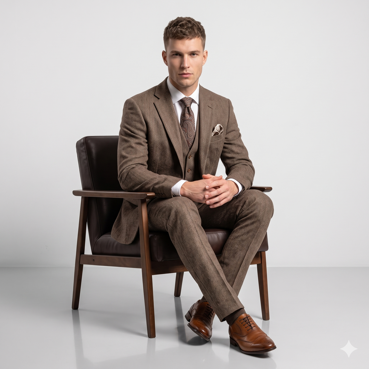 Man in a brown suit sitting on a chair against a white background