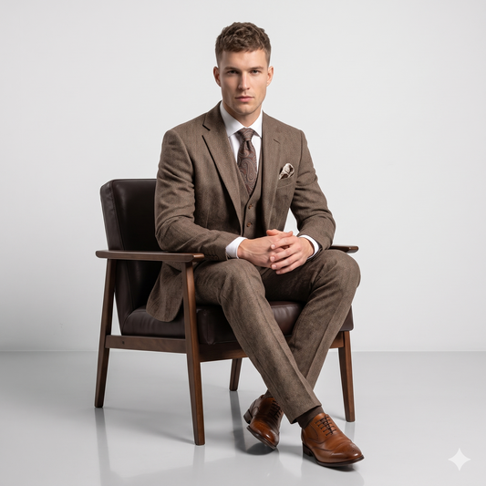 Man in a brown suit sitting on a chair against a white background