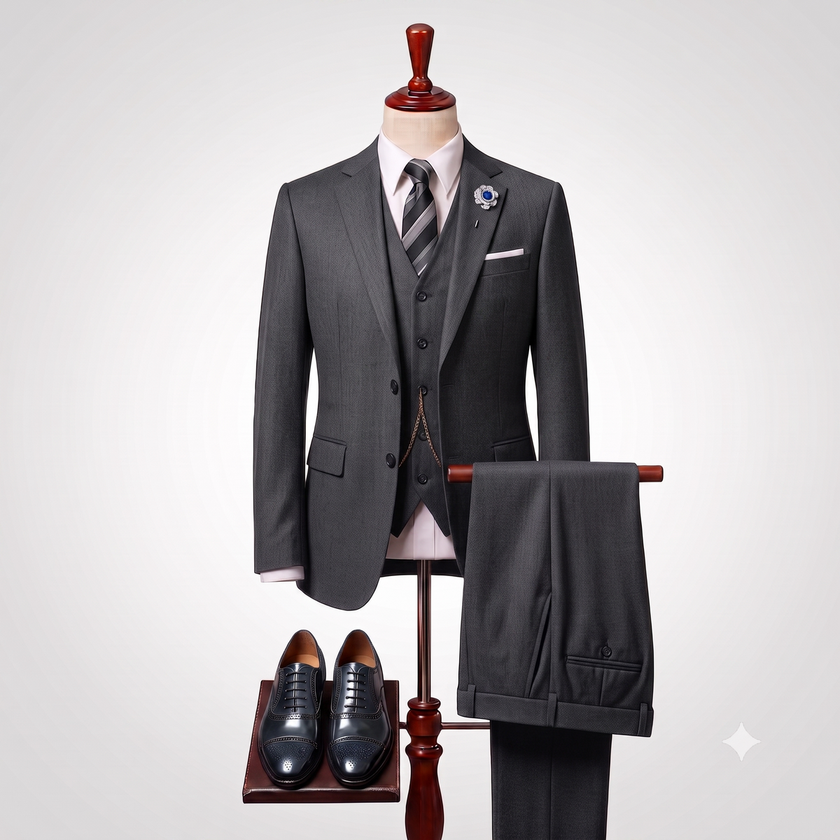 A three-piece charcoal gray suit displayed on a mannequin, including a tailored jacket, matching vest and trousers draped over a stand, a white dress shirt, a striped tie, and black dress shoes on a stand against a light gray background.