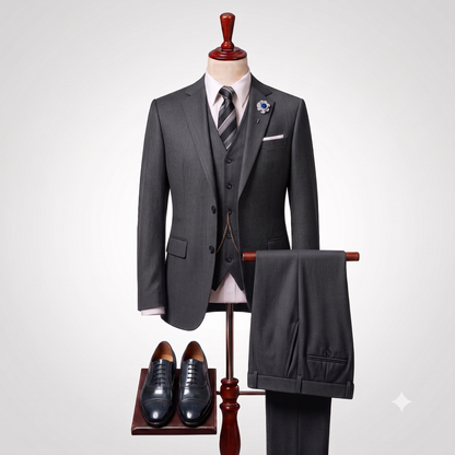 A three-piece charcoal gray suit displayed on a mannequin, including a tailored jacket, matching vest and trousers draped over a stand, a white dress shirt, a striped tie, and black dress shoes on a stand against a light gray background.