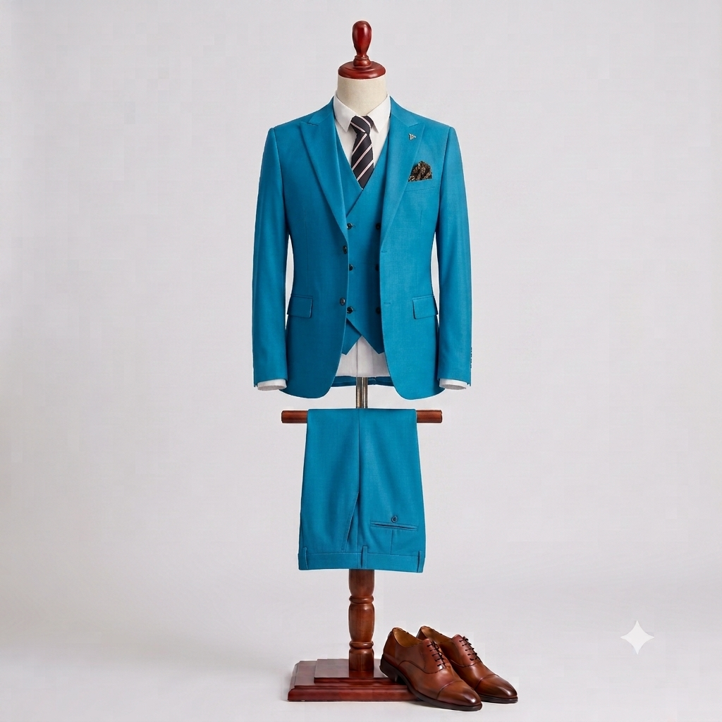 A men's three-piece suit displayed on a dress form, featuring a bright turquoise blue jacket, matching vest and trousers, a white dress shirt, a striped tie, and brown leather oxford shoes on a wooden stand against a light gray background.