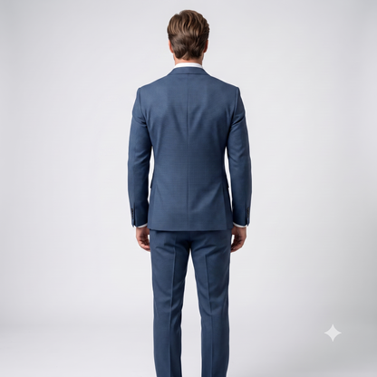 A man viewed from the back wearing a navy blue suit with a white collared shirt, standing against a light gray studio background.