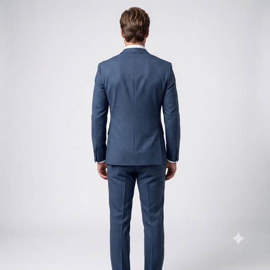 A man viewed from the back wearing a navy blue suit with a white collared shirt, standing against a light gray studio background.