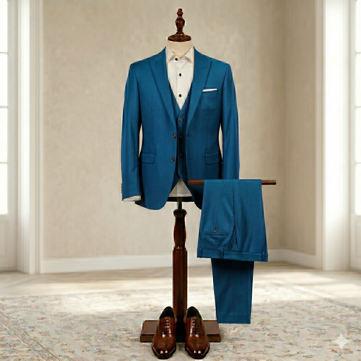 Blue suit on a mannequin against a neutral wall