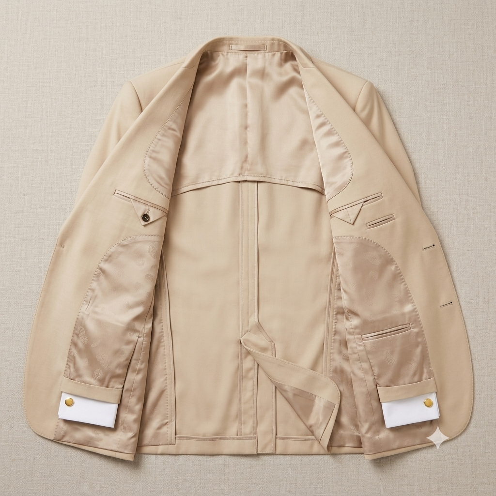 A beige structured blazer with a satin-like interior lining, shown laid flat against a textured beige background. The jacket features notched lapels, flap pockets, and turned-back cuffs with white cufflinks.