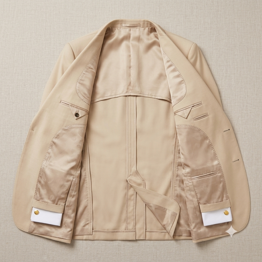 A beige structured blazer with a satin-like interior lining, shown laid flat against a textured beige background. The jacket features notched lapels, flap pockets, and turned-back cuffs with white cufflinks.