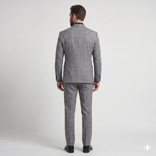 Man wearing a gray checkered suit on a white background