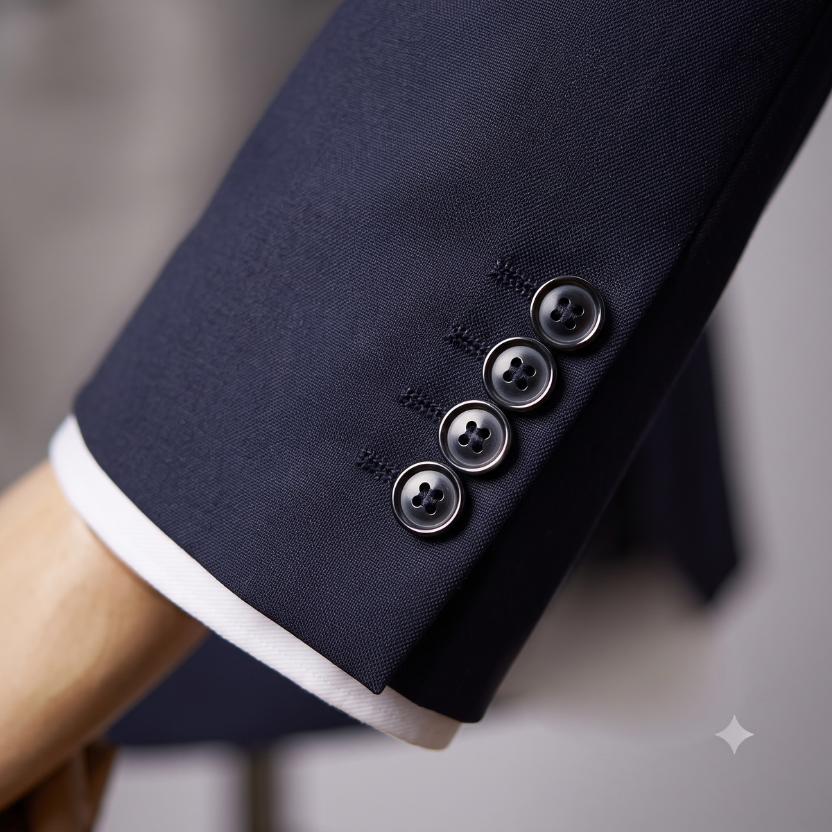 Close-up of a navy blue suit jacket with buttons on a blurred background