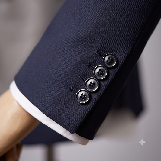 Close-up of a navy blue suit jacket with buttons on a blurred background