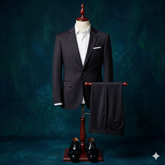 Black suit with white shirt and black shoes on a mannequin against a dark blue background