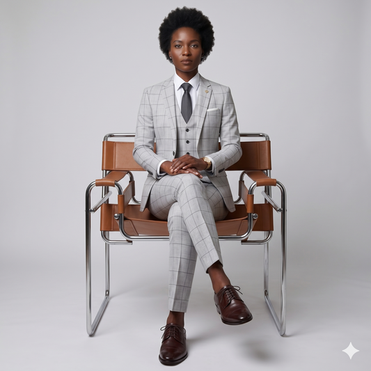 Person wearing a gray checkered suit sitting on a brown chair against a white background