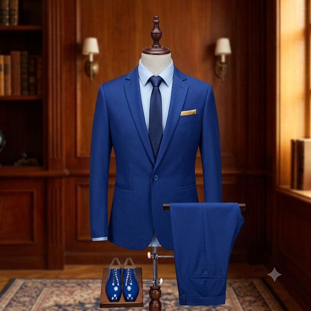 Blue suit with tie and shoes on a mannequin against a wooden interior background