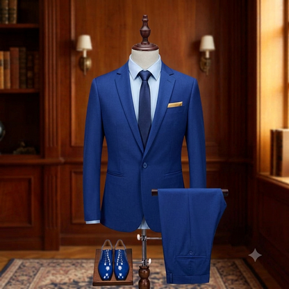 Blue suit with tie and shoes on a mannequin against a wooden interior background