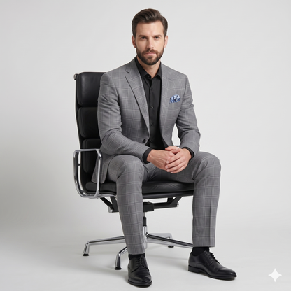 Man in a gray checkered suit sitting on a black office chair against a light gray background