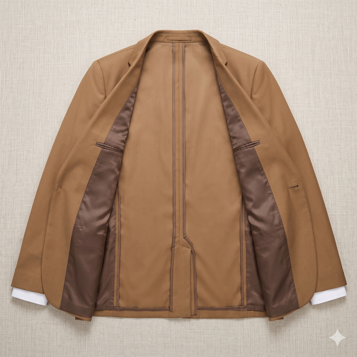 Brown jacket with satin lining on a beige textured background