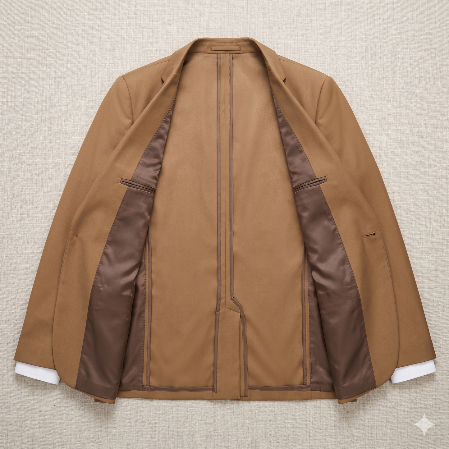 Brown jacket with satin lining on a beige textured background