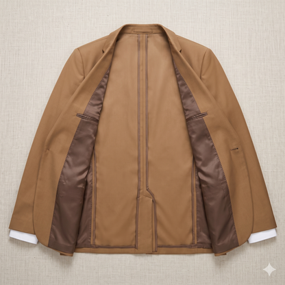 Brown jacket with satin lining on a beige textured background