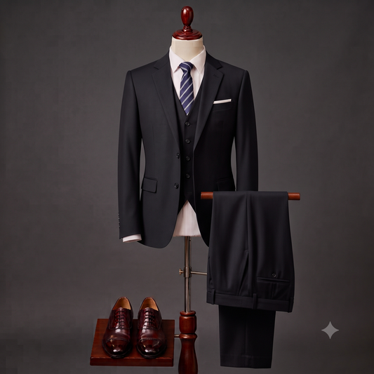 A dark charcoal gray three-piece suit displayed on a mannequin, styled with a white dress shirt, a blue and white striped tie, and a white pocket square. The matching trousers are draped over a stand to the right, and a pair of dark brown oxford shoes sits on a small wooden platform below.
