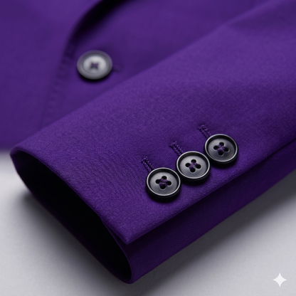 Close-up of a purple shirt with three buttons on a light gray background