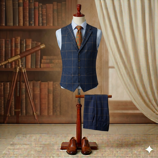 Mannequin wearing a blue checkered suit with pants and shoes in a room with books and a telescope.