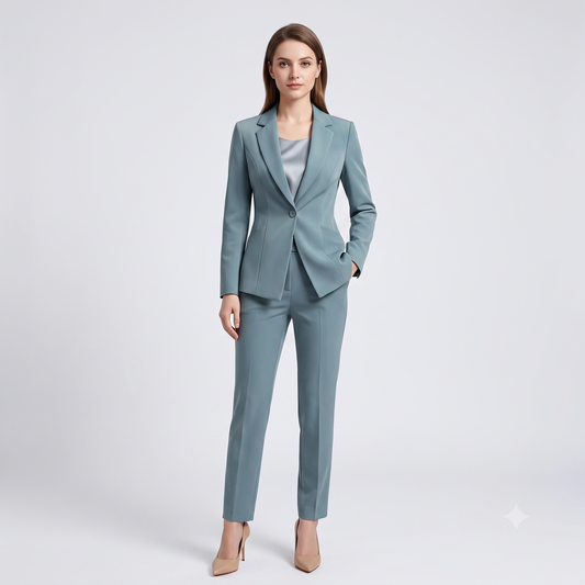 Woman wearing a light blue suit on a white background