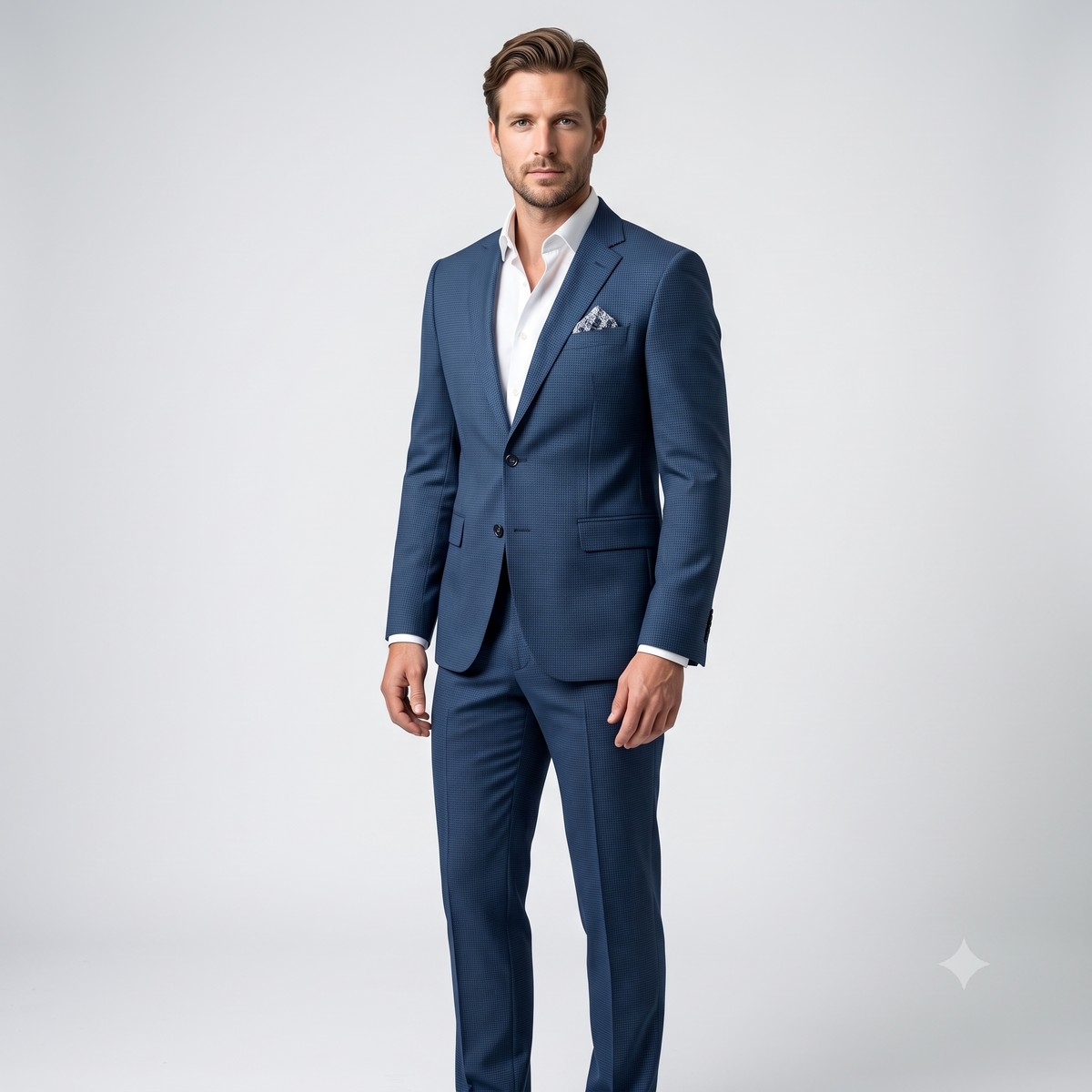 A man modeling a navy blue two-piece suit with a white dress shirt and a patterned pocket square, standing against a light gray studio background.