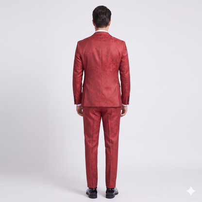 Red suit worn by a person on a white background