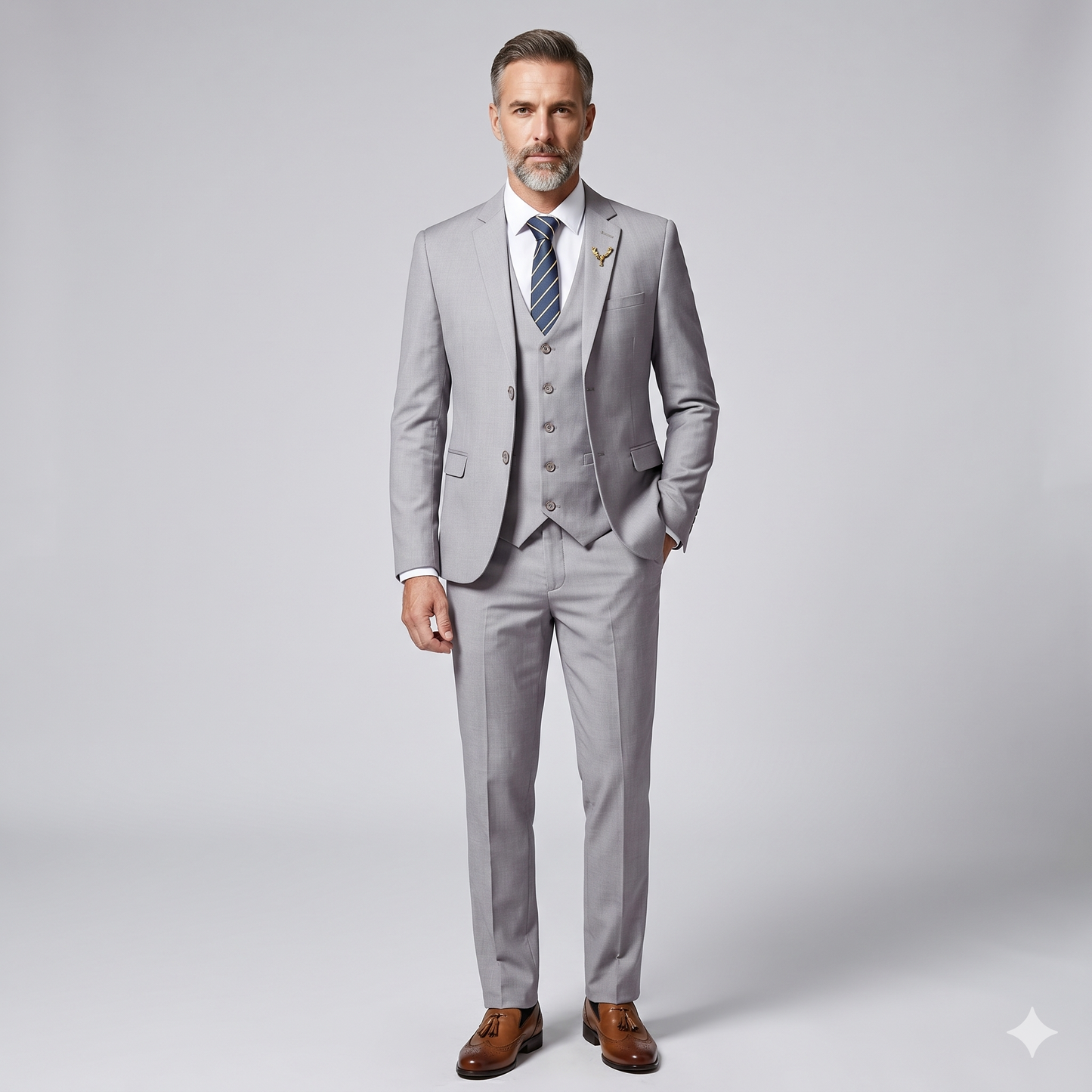 Man wearing a gray suit with a tie on a light gray background