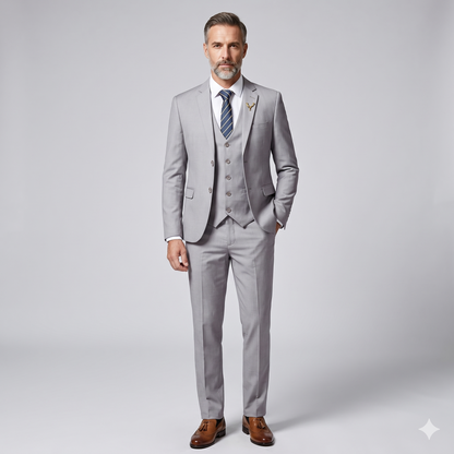 Man wearing a gray suit with a tie on a light gray background