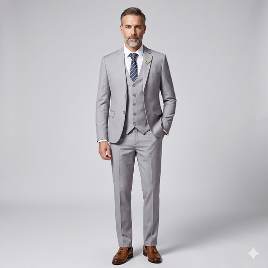 Man wearing a gray suit with a tie on a light gray background