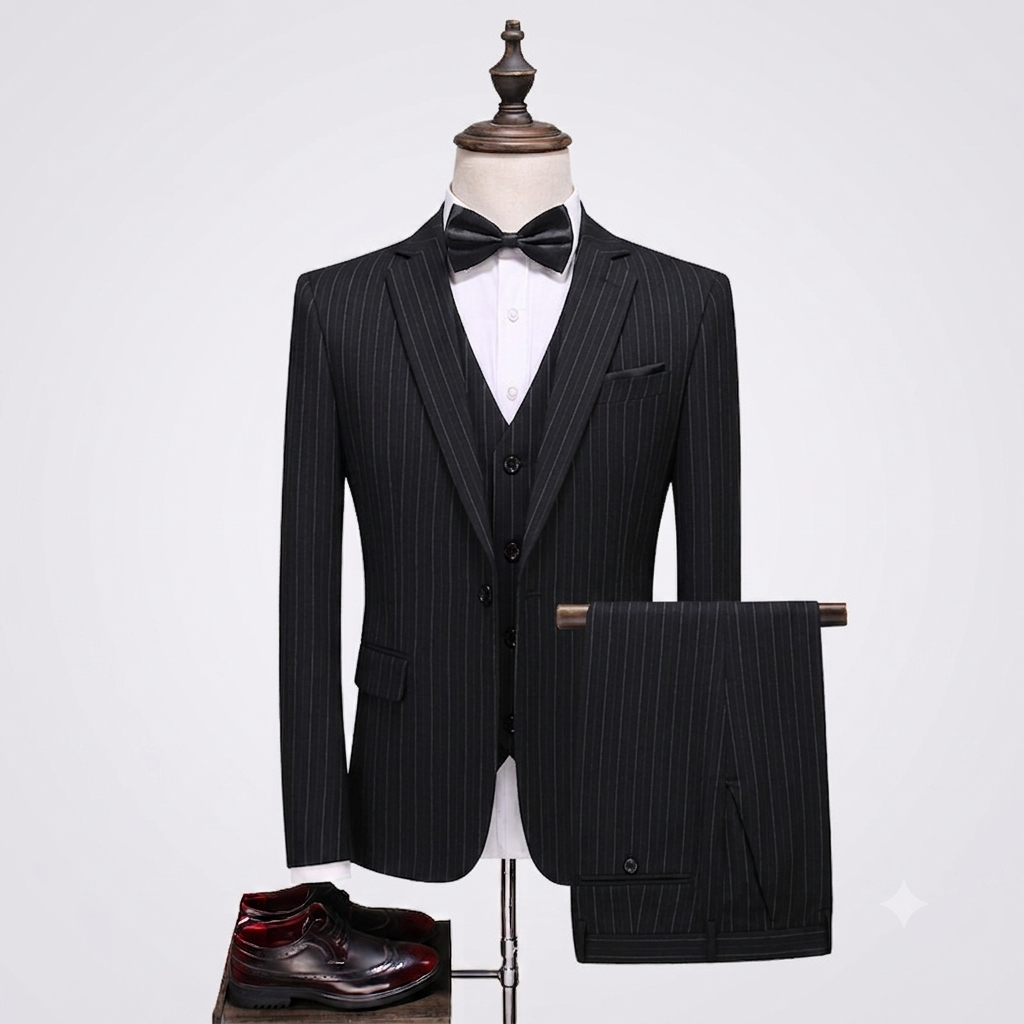 Black pinstripe suit with bow tie and shoes on a white background
